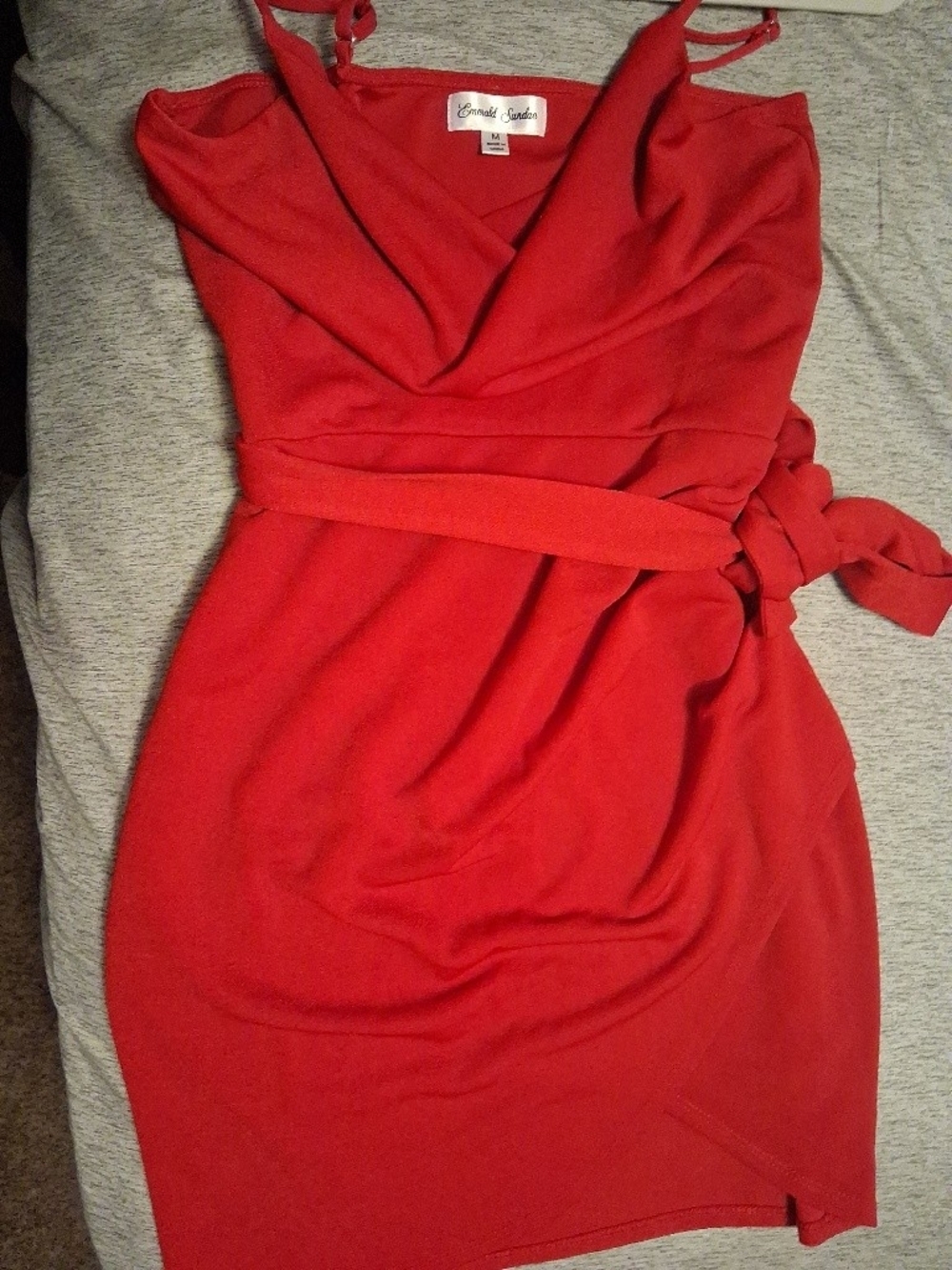 Emerald Sundae Red Sleeveless Wrap-Style Mini Dress with Waist Tie
